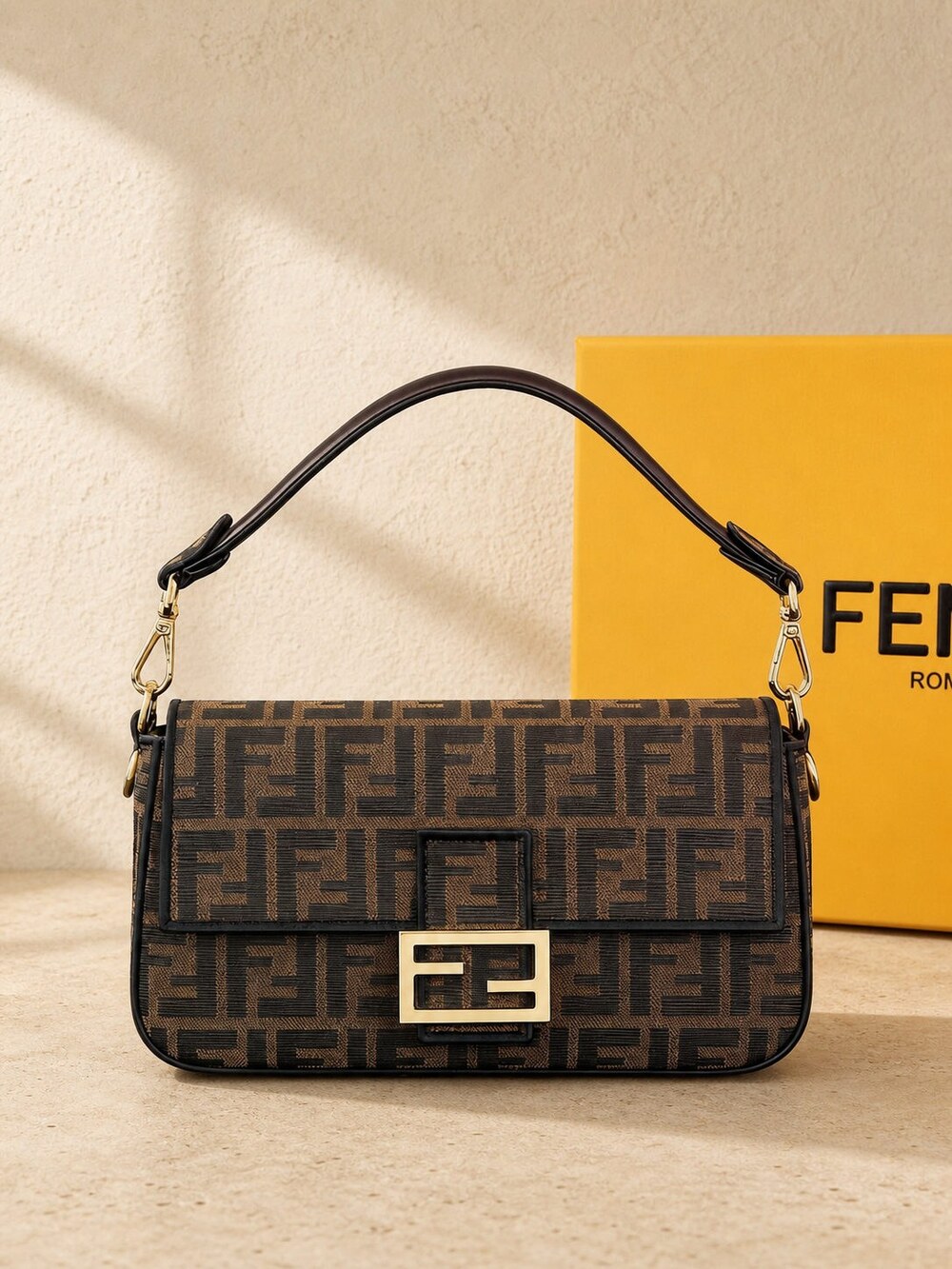Fendi FF Jacquard Medium Baguette Carry Bag with Leather Trim - Picture 2 of 8